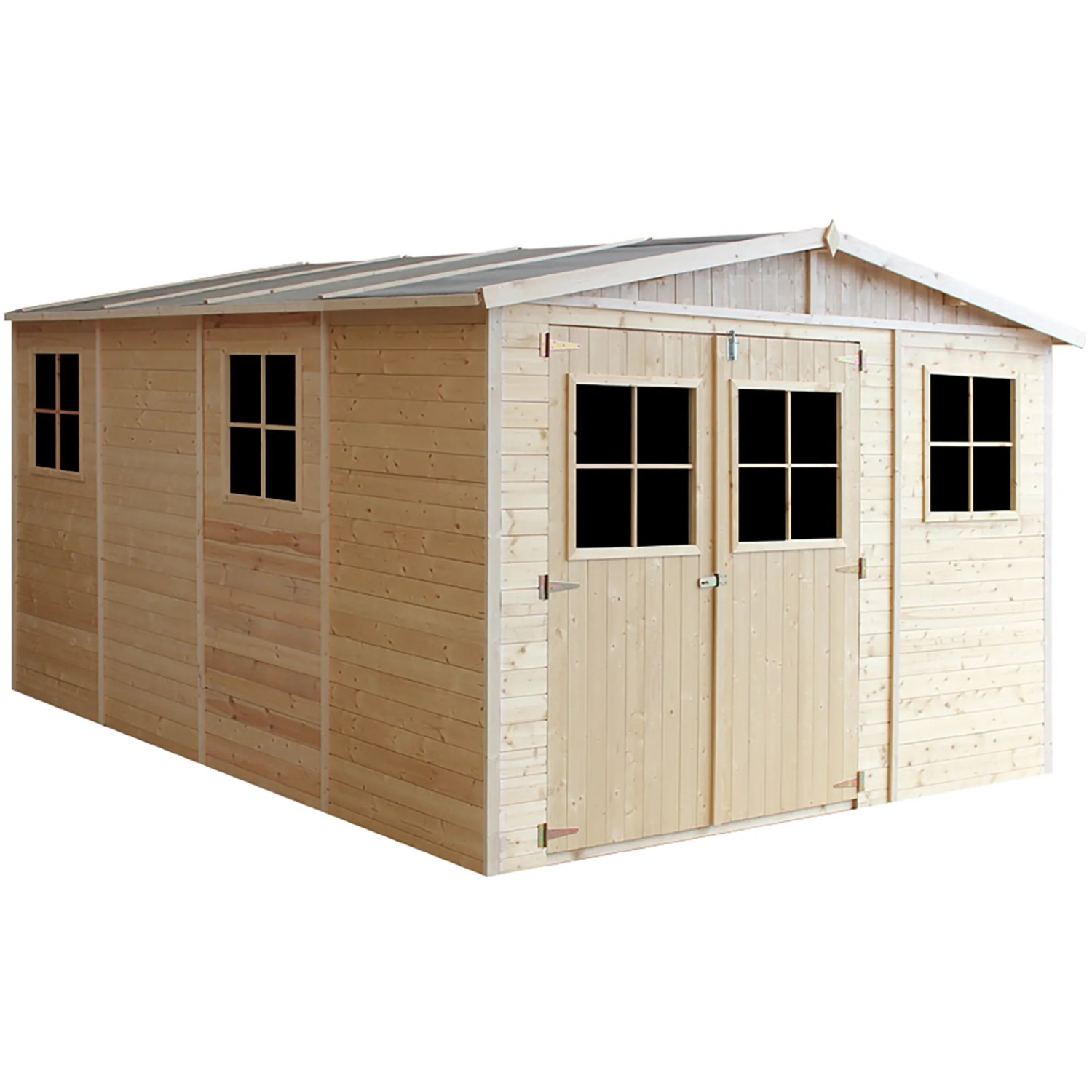 Timbela Gartenhaus M336 aus Holz, 11,97 m², mit Fenstern und Doppeltür, ohne Boden.