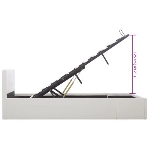 Weißes vidaXL Stauraumbett (120x200 cm) mit hochgeklapptem Lattenrost, seitliche Ansicht.