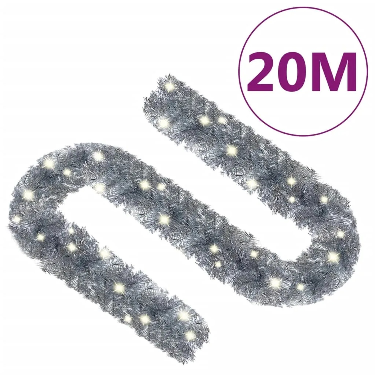 Silberne 20 m LED-Weihnachtsgirlande aus PVC mit warmweißen Lichtern für festliche Dekoration.