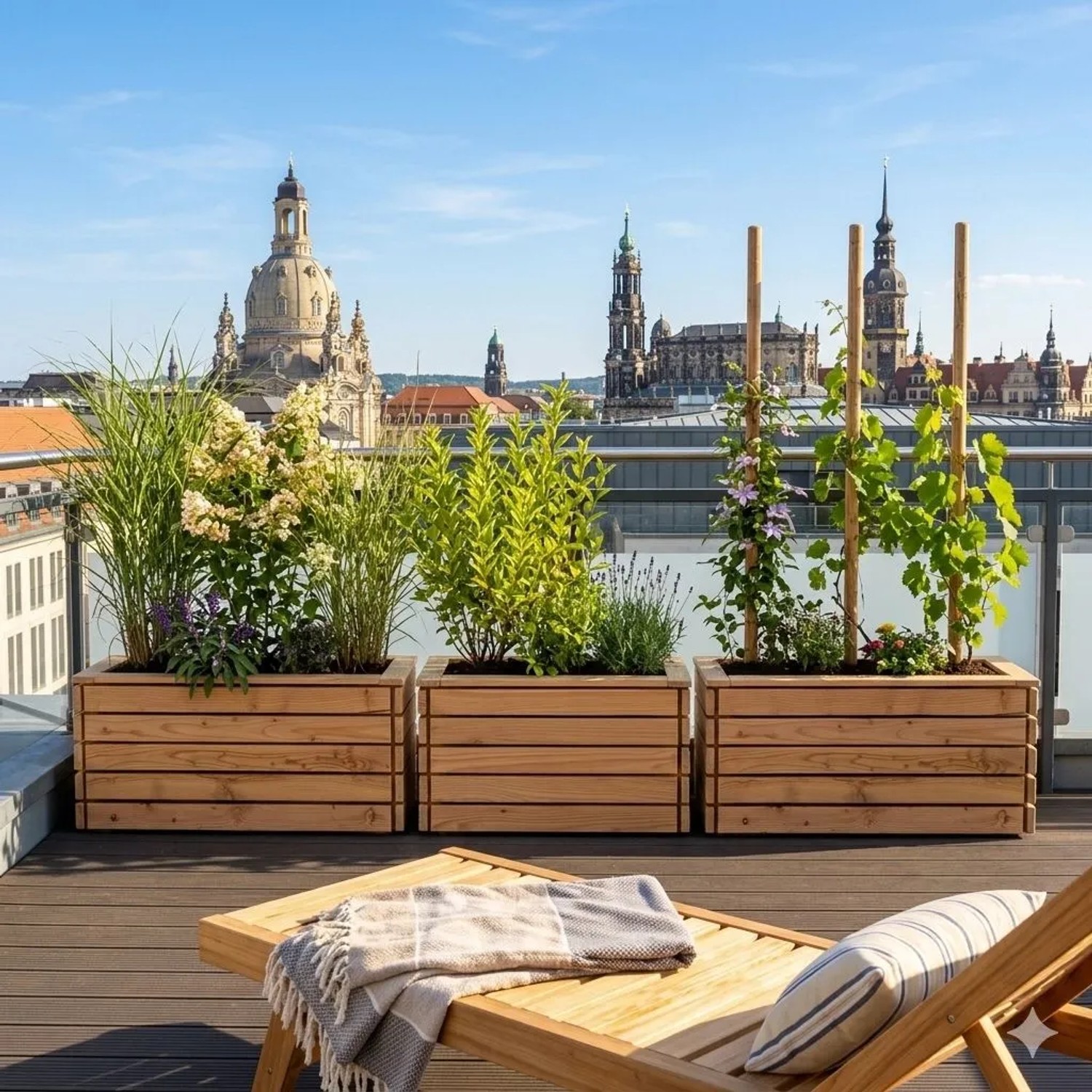 Drei HolzFee Pflanzkästen Linea aus hellem Lärchenholz auf einer Dachterrasse, bepflanzt, mit Stadtkulisse.