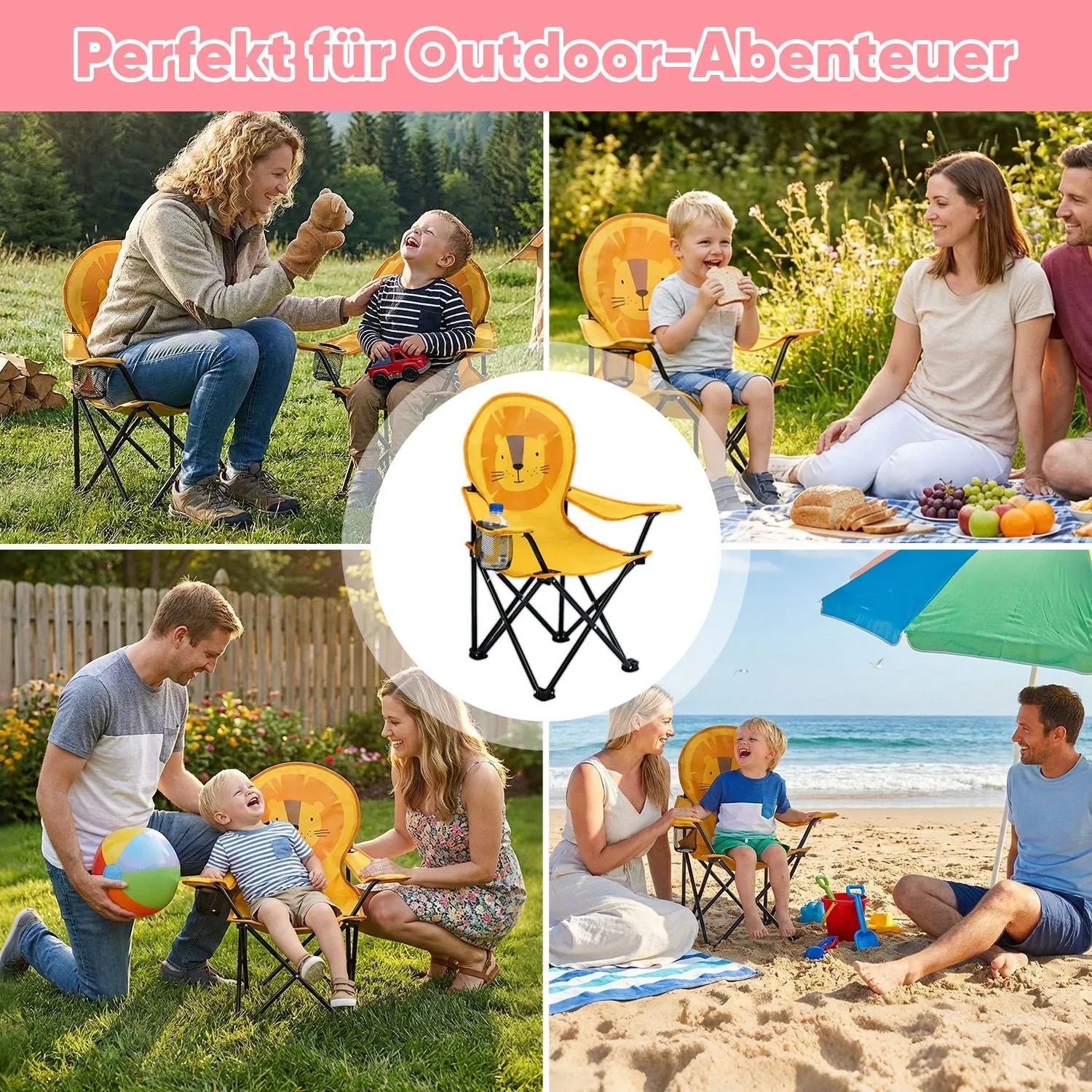 Sunula Kinder Campingstuhl mit Löwenmotiv, ideal für Outdoor-Abenteuer.