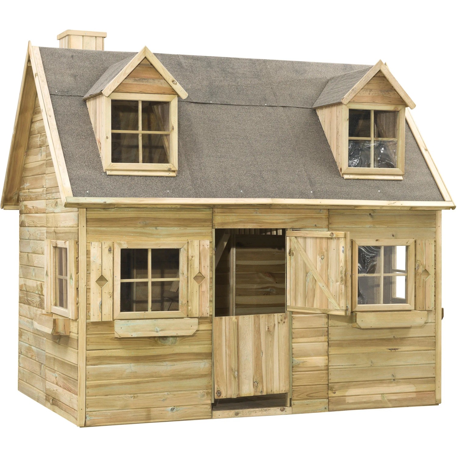 SwingKing Spielhaus Milan aus FSC-Holz mit Fenstern, Tür und Schornstein.
