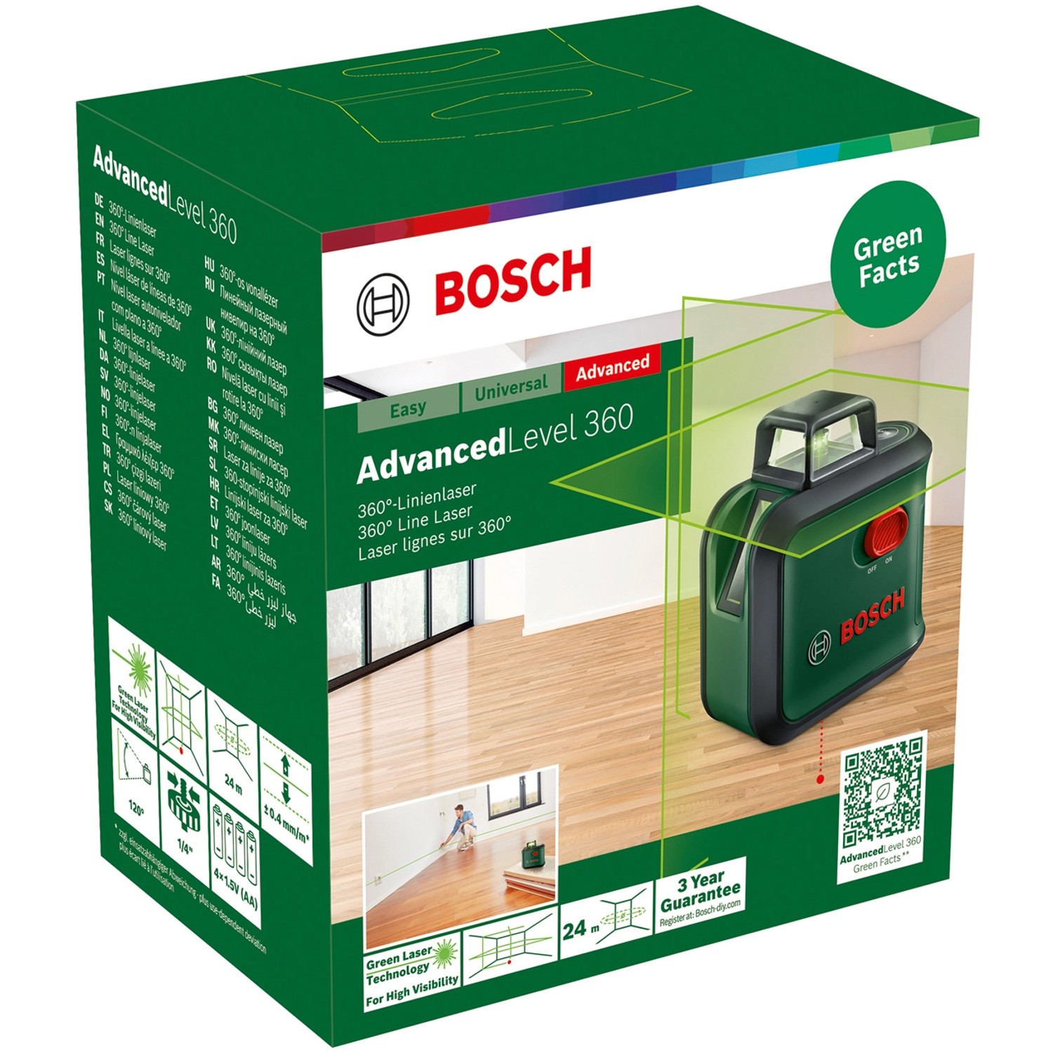 Livella Laser Bosch AdvancedLevel 360 Verde - Con Treppiede, 3 Linee Laser Incl. 360&deg;, Per Allineamento Preciso, Scatola E-Commerce
