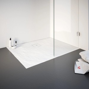 Rechteckige, weiße Schulte Duschwanne ExpressPlus 100x80 cm mit Ablaufabdeckung und leichter Steinoptik.