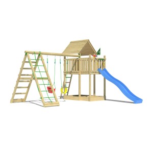 Jungle Gym Spielturm mit Doppelschaukel, Kletterbock und blauer Rutsche. Holzkonstruktion mit Dach.