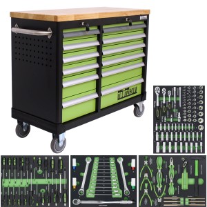 Bestückter TRUTZHOLM Werkstattwagen DELUXE mit 12 Schubladen und massiver Arbeitsplatte.