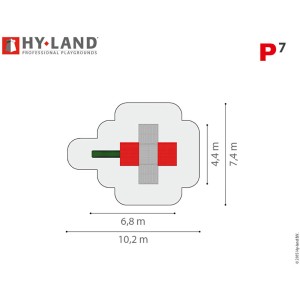 Draufsicht Hy-Land Spielgerät P7 mit Rutsche, Maße: 10,2 x 7,4 m. Ideal für Spielplätze.