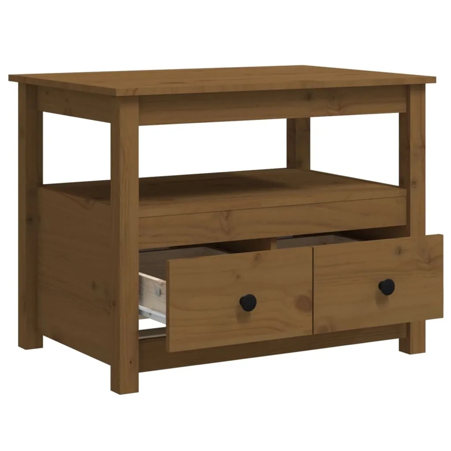 Honigbrauner Couchtisch aus Kiefernholz mit 2 Schubladen und Ablagefläche. Tisch für Wohnzimmer.