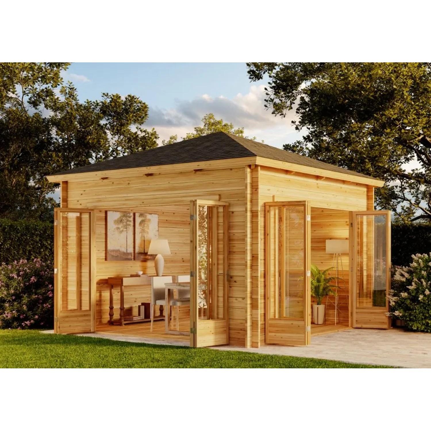 Alpholz Holz-Gartenhaus Sunshine 390x390cm mit großer Falttür Imprägniert Pinie 34mm Wandstärke