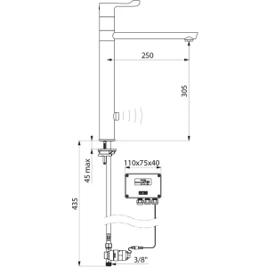 Delabie elektronische Mischbatterie batteriebetrieben, hoher Schwenkauslauf H305 L250, Hebel L100