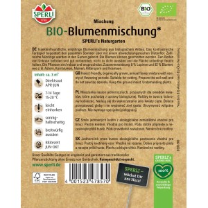 Samenpackung Sperli Bio Blumenmischung "Sperli´s Naturgarten" mit farbenfrohen Blumen.