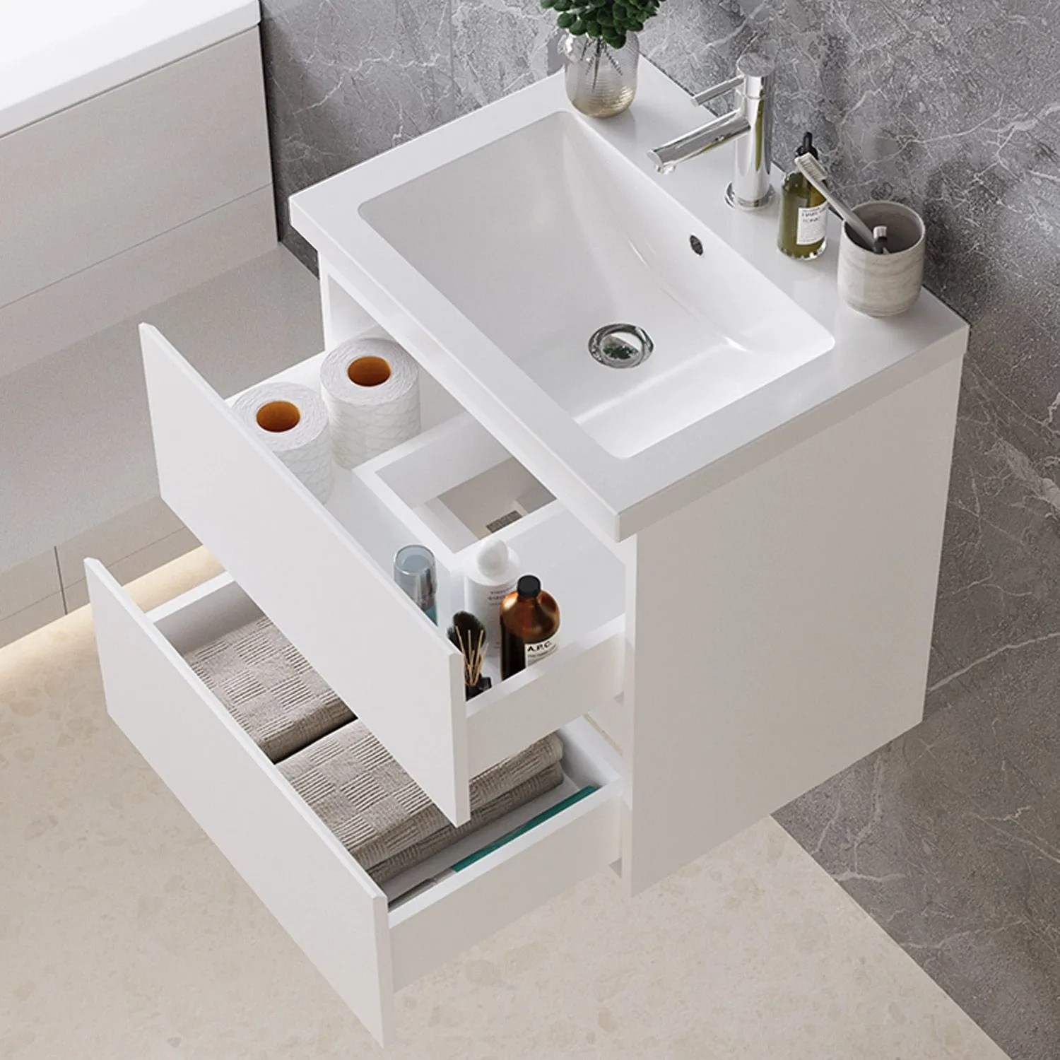 AICA Waschtisch mit Unterschrank, 50 cm, weiß matt, mit zwei offenen Schubladen und Waschbecken.