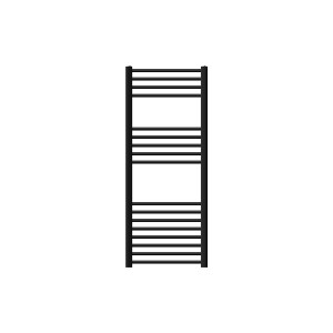 Schwarzer, gebogener LuxeBath Badheizkörper Sahara, 500x1200 mm, mit Seitenanschluss.