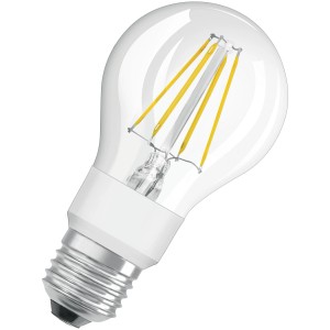 Osram LED-Lampe E27 in Glühlampenform, 6,5W, 806lm, 10,5x6cm. Klares Glas mit Filament.