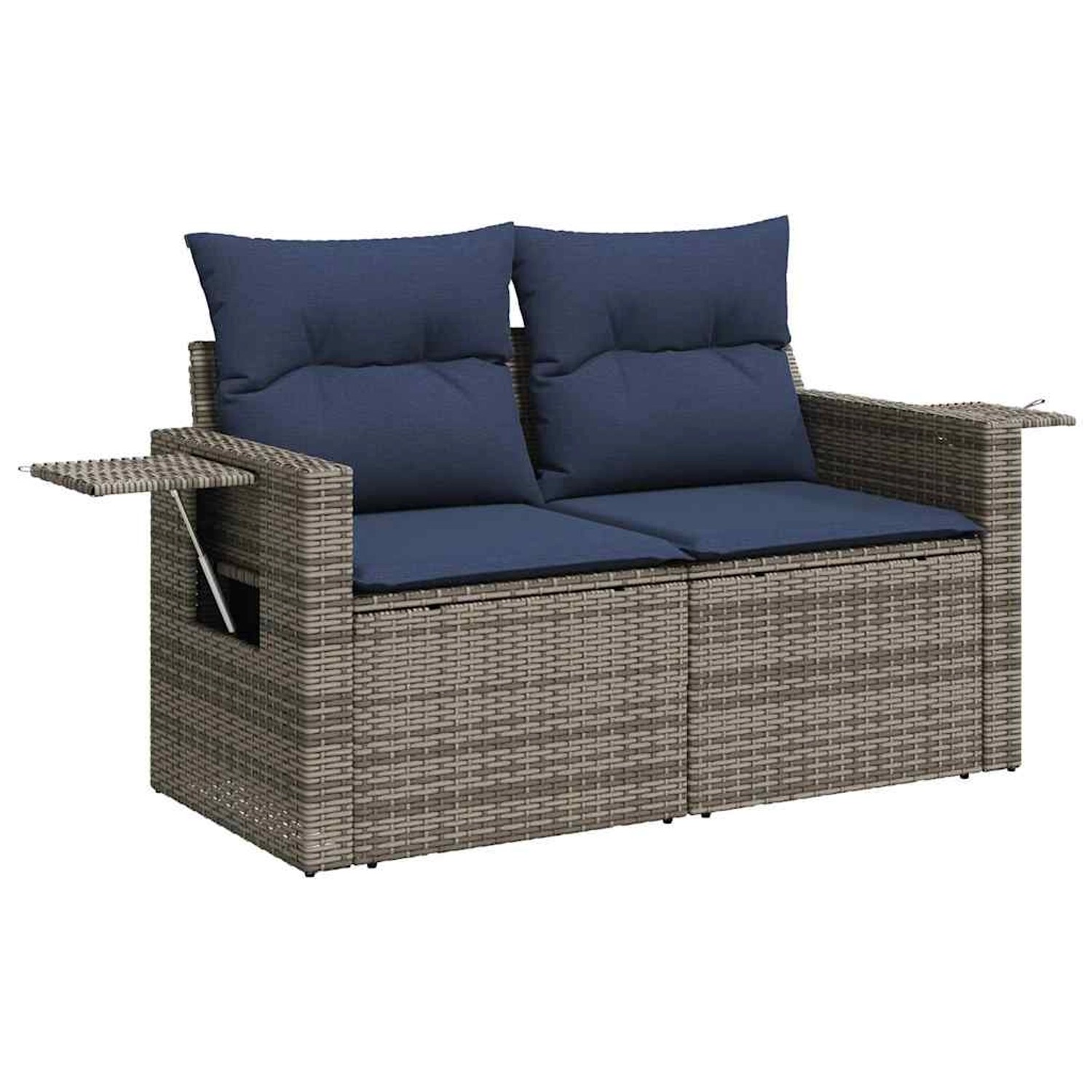 Graue 7-tlg. vidaXL Garten-Sofagarnitur aus Polyrattan mit blauen Kissen und Ablagetisch.