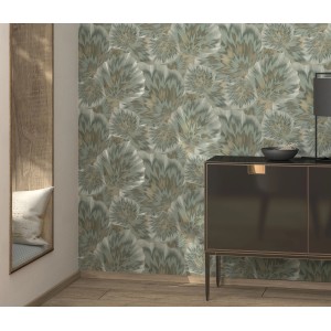 Erismann Vliestapete Spotlight Bliss Olive mit Blättermuster im Wohnraum.