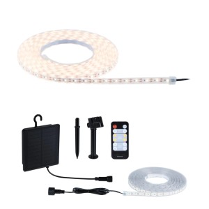 Solar LED Strip 5m warmweiß, mit Solarpanel, Fernbedienung, Erdspieß und Halterung. Flexible Aussenbeleuchtung.