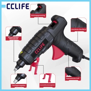 CCLIFE 100W Heißklebepistole, schwarz-rot, mit ergonomischem Griff, rutschfester Oberfläche und klappbarem Ständer für DIY.