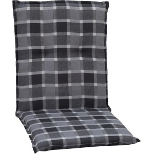 Gepolsterte Saumauflage Belgrad für Niedriglehner Gartenstühle mit grau-schwarzem Karomuster.