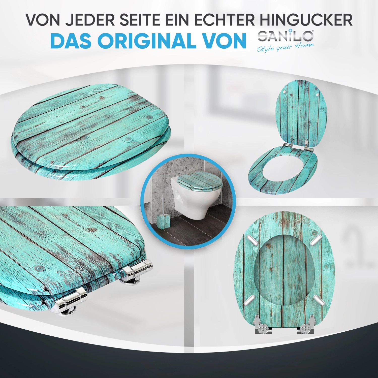 Sanilo WC-Sitz Lumber mit Absenkautomatik, Holz, Türkis mit Holzoptik.