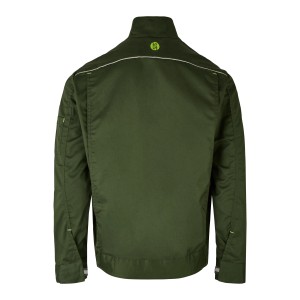 Oliv-schwarze Hans Schäfer Arbeitsjacke Professional Gr. 50, Rückansicht. Arbeitskleidung mit Reflexdetails.