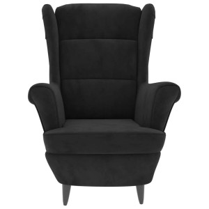 Schwarzer Ohrensessel mit Hocker, Samtbezug, ideal zum Relaxen.