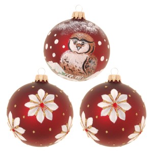 3 braune Weihnachtskugeln (8cm) von Krebs Glas Lauscha, teils mit Eulen- und Blumenmuster.