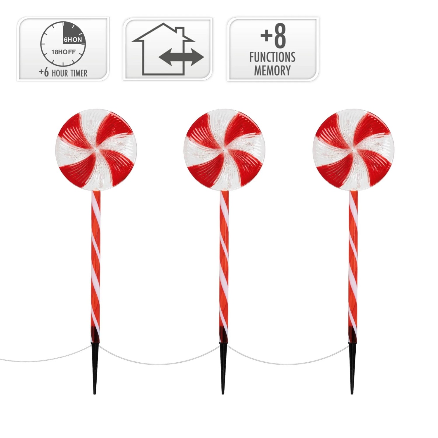 3er Set LED Lollipop-Weihnachtsweg für außen, 60 LEDs, 3m, 8 Modi, rot/weiß, für weihnachtliche Beleuchtung.