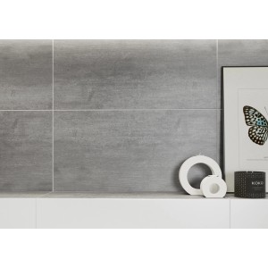 Graue Bodenfliese Harmony Feinsteinzeug, glasiert, 29,7x59,8 cm, Zement-Holzoptik.