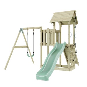 PolarPlay Kinderschaukel Bergen mintgrün mit Rutsche und Kletterturm aus Holz.