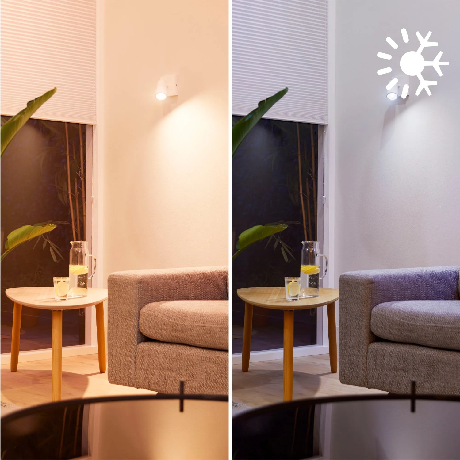 Philips Smart LED GU10 Spot mit einstellbarer Farbtemperatur in Wohnraum-Szene.