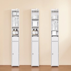 Weißer schmaler SoBuy Hochschrank mit offenen Fächern, Schublade und Tür für Bad. Ideal als Nischenregal.