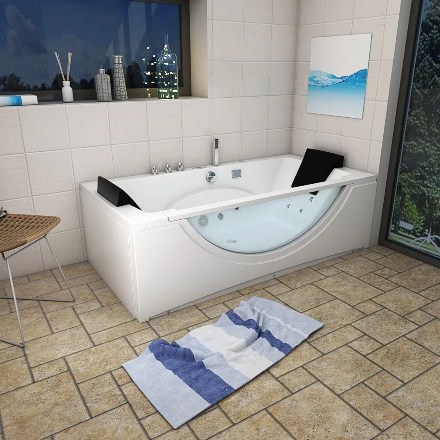 AcquaVapore Eck-Whirlpool W81R-TH-C-SC 180x90 mit Radio und Farblicht im Badezimmer.