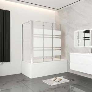 AICA Faltwand mit Seitenwand als Badewannenaufsatz, 6mm ESG Glas mit Querstreifen Dekor.