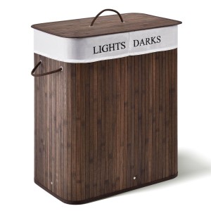 Brauner Bambus Wäschekorb mit Deckel, 100L, 2 Fächer für helle und dunkle Wäsche, mit Tragegriffen.