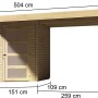 Karibu Holz-Gartenhaus Linköbing, unbehandelt, mit Flachdach und Maßangaben.