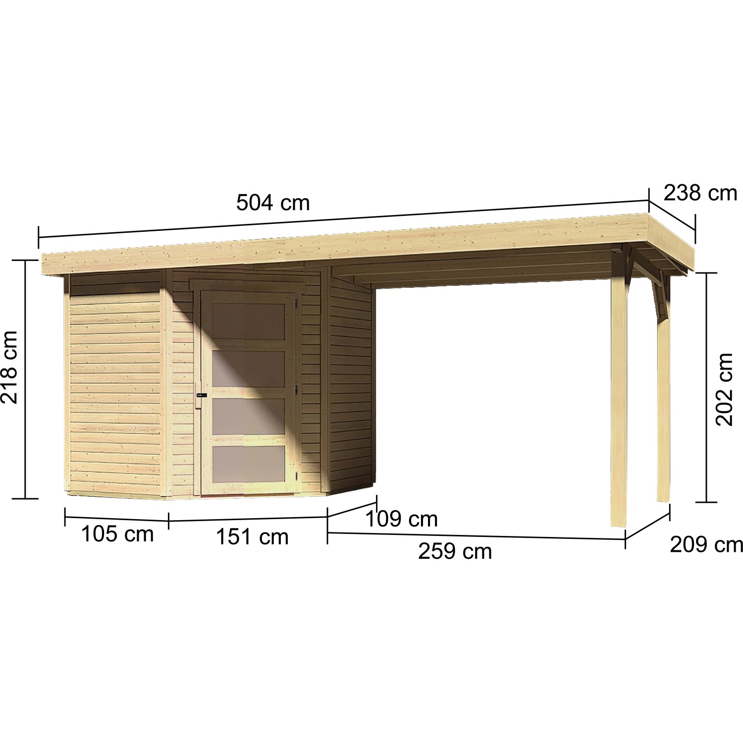 Karibu Holz-Gartenhaus Linköbing, unbehandelt, mit Flachdach und Maßangaben.