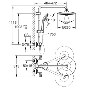 Grohe Vitalio Joy 260 Duschsystem: Technische Zeichnung mit Maßen für Kopfbrause, Handbrause und Thermostatbatterie.
