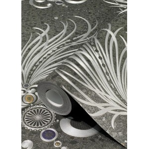 Glööckler Vliestapete mit Federn, Schwarz-Silber. Dekorative Tapete mit edlem, ornamentalem Design.