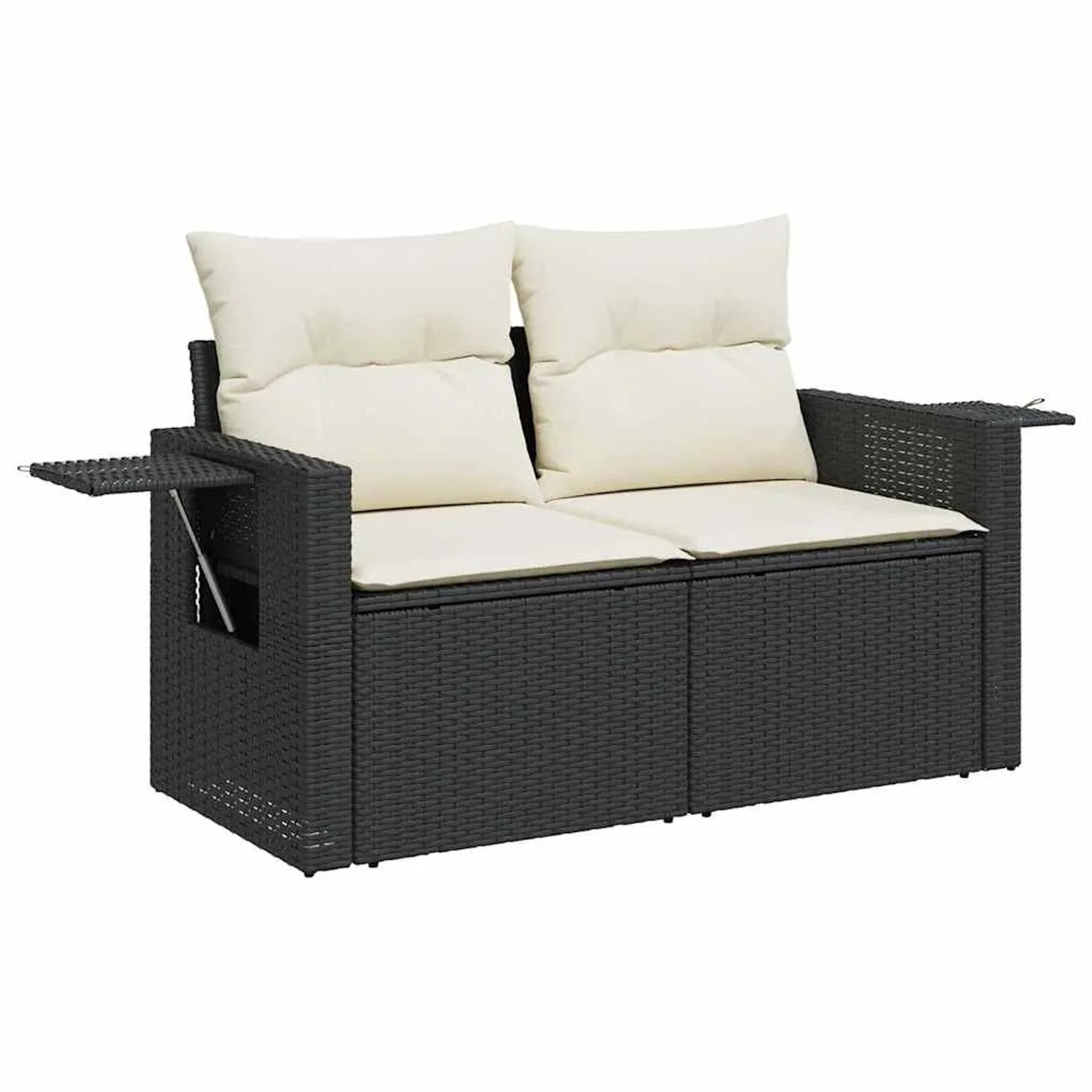 Schwarze 9-tlg. vidaXL Garten-Sofagarnitur aus Poly Rattan mit cremeweißen Kissen.