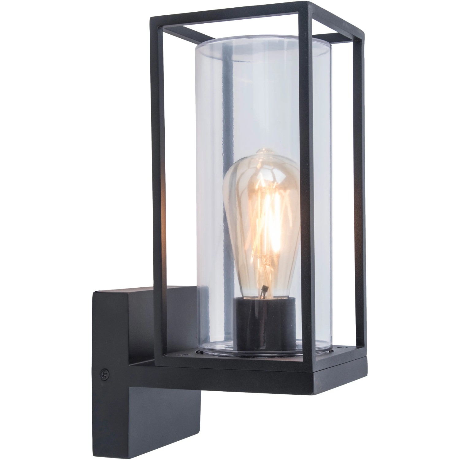 Schwarze Lutec Außenwandleuchte Flair mit E27 Fassung in gerahmtem Design.