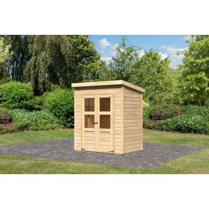 Karibu Gartenhaus Neuenburg 0, vorvergraut, mit Doppeltür und Lichtausschnitten im Garten.