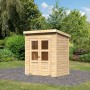 Karibu Gartenhaus Neuenburg 0, vorvergraut, mit Doppeltür und Lichtausschnitten im Garten.