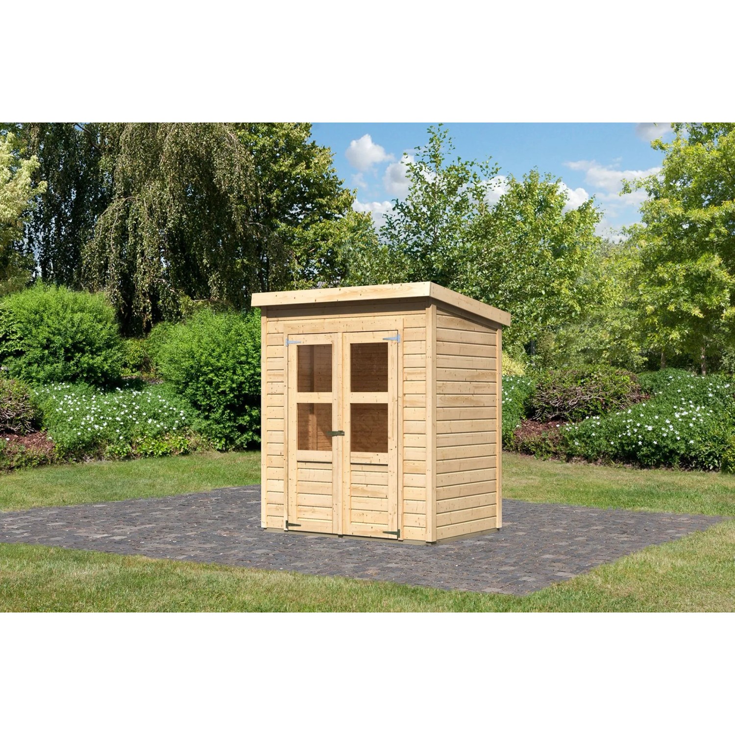 Karibu Gartenhaus Neuenburg 0, vorvergraut, mit Doppeltür und Lichtausschnitten im Garten.