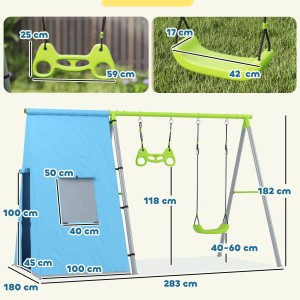 AIYAPLAY 3-in-1 Schaukel mit Zelt: Schaukelgerüst mit Turnringen, blauem Spielzelt. Ideal für Kinder.