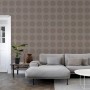 ESTAhome Vliestapete mit Kugeln auf Leinenstruktur in Taupe im Wohnraum.