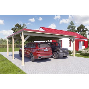 Holzbrüder Doppelcarport Ralf Natur mit rotem Blechdach und zwei parkenden Autos.