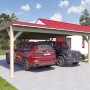 Holzbrüder Doppelcarport Ralf Natur mit rotem Blechdach und zwei parkenden Autos.