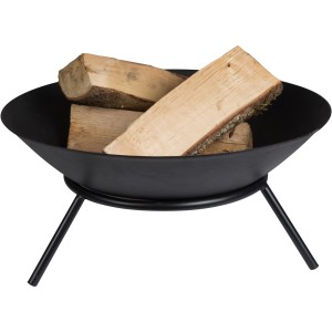 Schwarze Perel Feuerschale (Ø 56 cm) aus Gusseisen mit Holzscheiten.