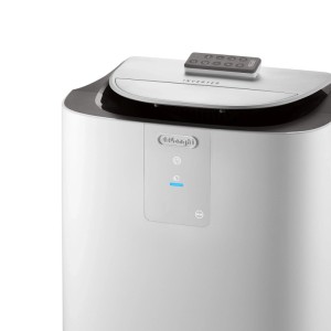 De'Longhi PAC-AP140i Klimagerät, mobil, weiß, mit Fernbedienung auf der Oberseite.